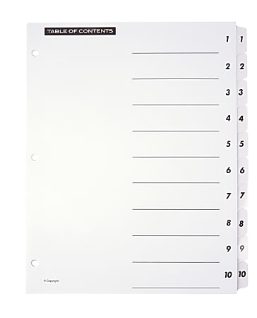 Office Depot® Brand Table Of Contents Customizable Index With Preprinted Tabs, White, Numbered 1-10