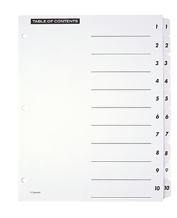 Office Depot® Brand Table Of Contents Customizable Index With Preprinted Tabs, White, Numbered 1-10