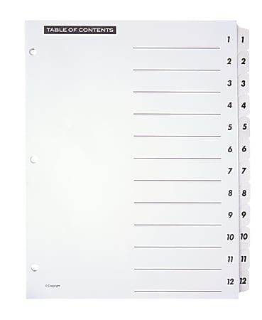 Office Depot® Brand Table Of Contents Customizable Index With Preprinted Tabs, White, Numbered 1-12