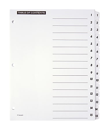 Office Depot® Brand Table Of Contents Customizable Index With Preprinted Tabs, White, Numbered 1-15