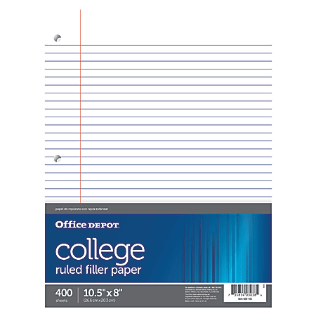 Office Depot® Brand College Ruled Notebook Filler Paper, 3-Hole Punched, 10 1/2" x 8", White, 400 Sheets