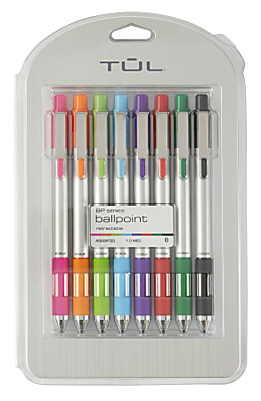 TUL GL Series Retractable Gel Pens, Medium Point, 0.8 mm, Assorted Barrel Colors, Assorted Metallic Inks, Pack of 8 Pens