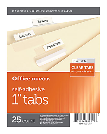 Office Depot® Brand Self-Adhesive Tabs With Printable Inserts, 1", Clear, Pack Of 25