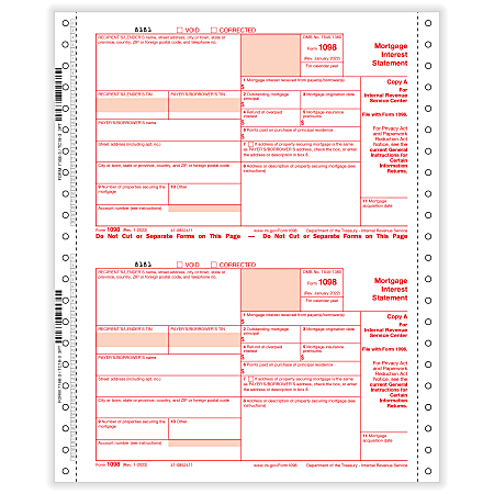 ComplyRight® 1098 Tax Forms, 3-Part, Copies A, B, C, 1-Wide, Continuous, 9" x 11", White, Pack Of 100 Forms