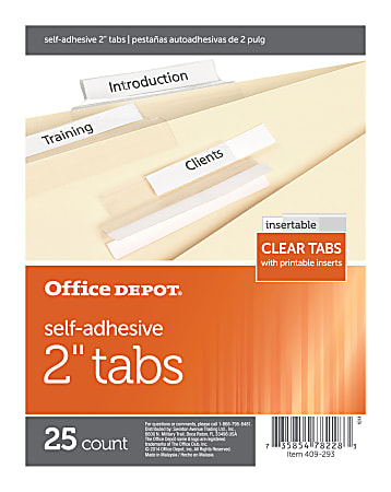 Office Depot&reg; Brand Self-Adhesive Tabs With Printable Inserts, 2", Clear, Pack Of 25