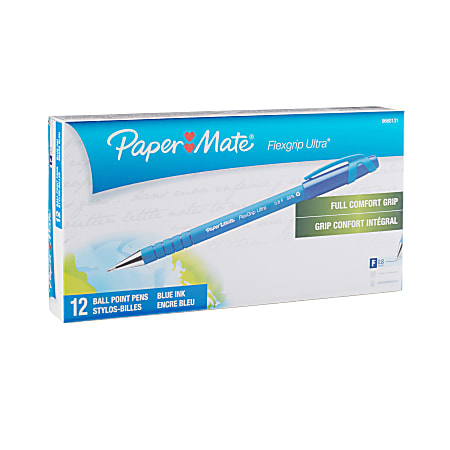 Paper Mate® FlexGrip Ultra™ Ballpoint Pens, Fine Point, 0.8 mm, Blue Barrel, Blue Ink, Pack Of 12