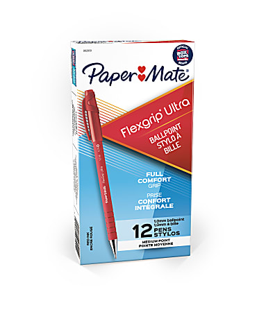 Paper Mate® FlexGrip Ultra™ Ballpoint Stick Pens, Medium Point, 1.0 mm, 42% Recycled, Red Barrel, Red Ink, Pack Of 12