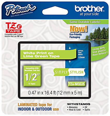 Brother® TZe-MQG35 White-On-Lime Green Tape, 0.5" x 196.8"