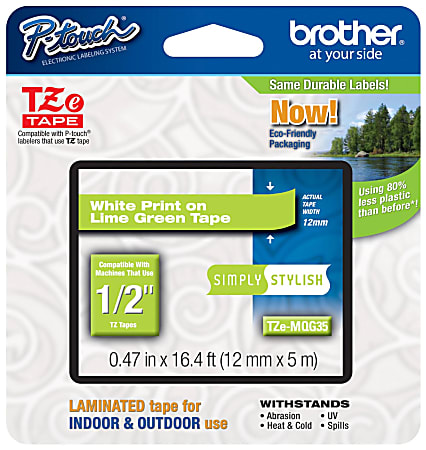 Brother® TZe-MQG35 White-On-Lime Green Tape, 0.5&quot; x
