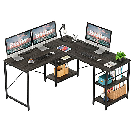 Bestier L-Shaped Corner Computer Desk With Storage Shelf, 3 Cable Holes, 60"W, Charcoal