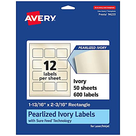 Avery® Pearlized Permanent Labels With Sure Feed®, 94233-PIP50, Rectangle, 1-13/16" x 2-3/16", Ivory, Pack Of 600 Labels