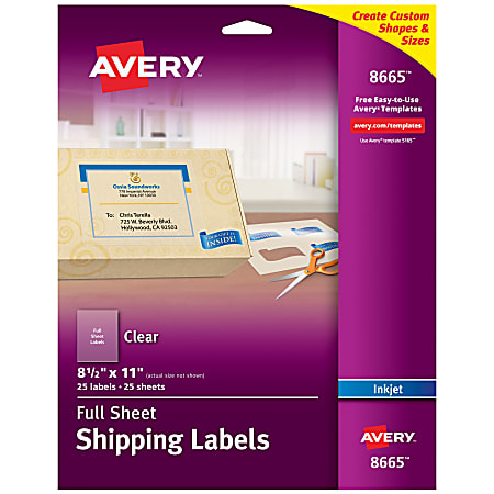 Avery® Easy Peel® Clear Full-Sheet Labels, 8665, Full Sheet, 8 1/2" x 11", Box Of 25