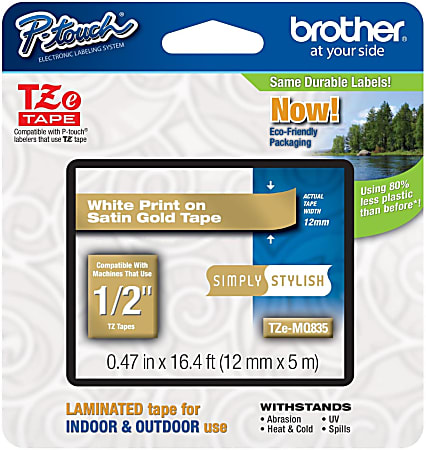 Brother® TZe-MQ835 White-On-Satin Gold Tape, 0.5" x 196.8"