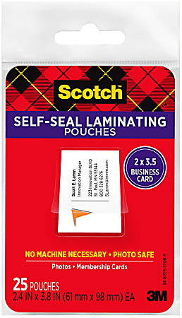 Scotch® Self-Seal Laminating Pouches for Business Cards LS851G, 2-7/16" x 3-7/8", Pack Of 25 Laminating Sheets
