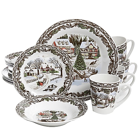Gibson Home Christmas Toile 16-Piece Dinnerware Set, Multicolor