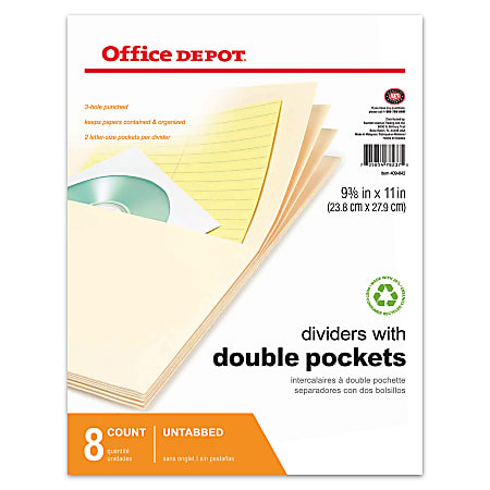 Office Depot® Brand Untabbed Dividers With Double Pockets, Buff, Pack Of 8