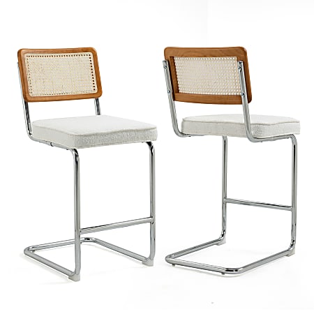 Glamour Home Ayers Boucle Counter Height Stools With Rattan Backs, White, Set Of 2 Stools