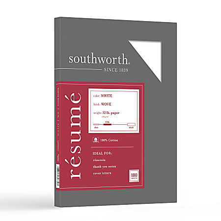 Southworth® 100% Cotton Résumé Paper, 8 1/2" x 11", 32 Lb, 100% Recycled, White, Pack Of 100