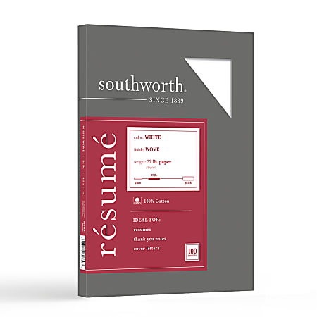 Southworth 100percent Cotton R sum Paper 8 12 x 11 32 Lb 100percent  Recycled Ivory Pack Of 100 - Office Depot