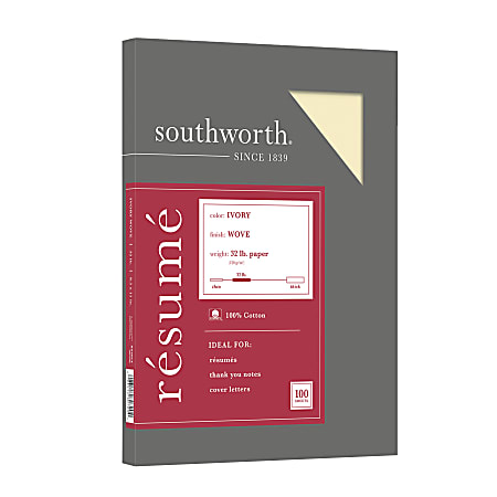 Southworth® 100% Cotton Résumé Paper, 8 1/2" x 11", 32 Lb, 100% Recycled, Ivory, Pack Of 100