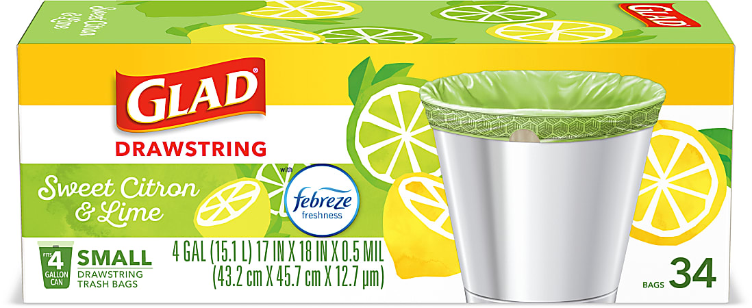 Glad Small Kitchen Drawstring Trash Bags 4 Gallons Febreze Sweet Citron And  Lime Green Box Of 34 Bags - Office Depot