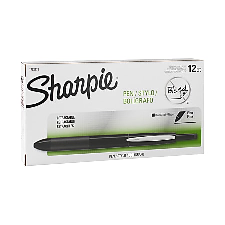 Sharpie® Retractable Pens, Fine Point, 0.3 mm, Black Barrel, Black Ink, Pack Of 12