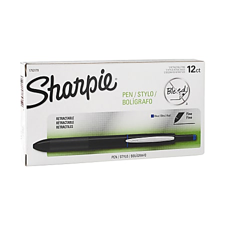 Sharpie® Retractable Pens, Fine Point, 0.3 mm, Black Barrel, Blue Ink, Pack Of 12