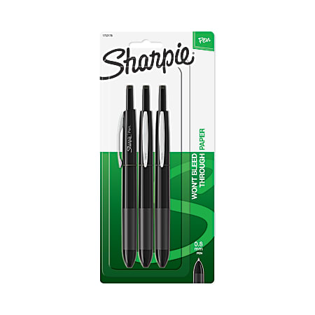 Sharpie® Retractable Pens, Fine Point, 0.3 mm, Black Barrel, Black Ink, Pack Of 3