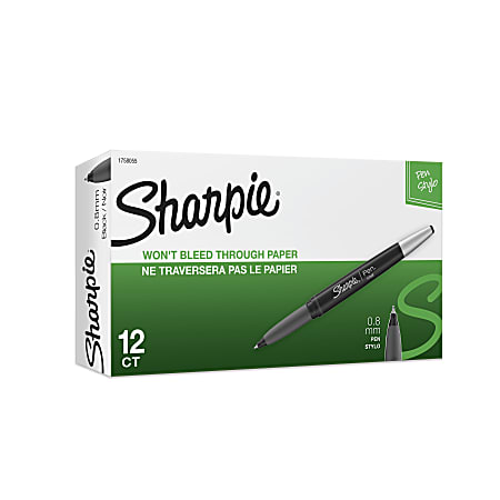 Sharpie Soft-Grip Pens, 0.8mm, Fine Point, Black and Chrome Barrel, Black ink, Pack of 12