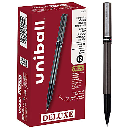 uni-ball® Deluxe Rollerball Pens, Micro Point, 0.5 mm, Charcoal Barrel, Black Ink, Pack Of 12