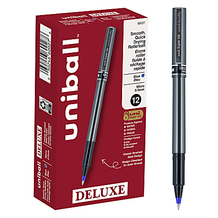 uni-ball® Deluxe Rollerball Pens, Micro Point, 0.5 mm, Charcoal Barrel, Blue Ink, Pack Of 12