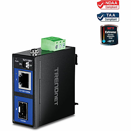 TRENDnet Industrial 100/1000Base-T to SFP Media Converter, TI F11SFP, 1 x Gigabit Ethernet Port, 1 x SFP Port, TIF11SFP