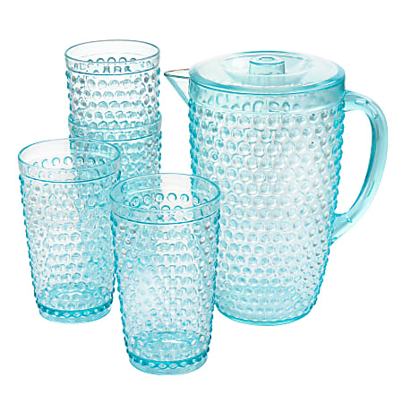 Gibson Home Malone 5-Piece Plastic Pitcher And Tumbler Set, 21 Oz, Light Blue