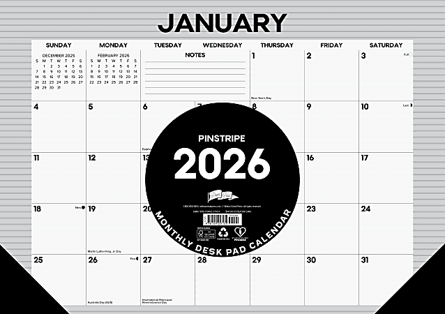 2026 Willow Creek Press Monthly Desk Pad Calendar, 12" x 17", Pinstripe, January To December, 57131