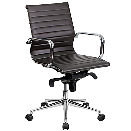Flash Furniture Ribbed Upholstered Bonded LeatherSoft™ Mid-Back Swivel Conference Chair, Brown/Silver