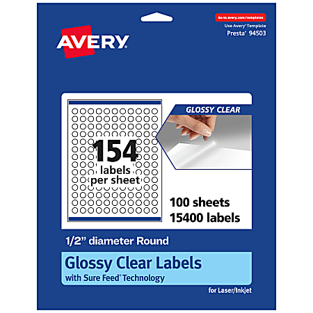 Avery® Glossy Permanent Labels With Sure Feed®, 94503-CGF100, Round, 1/2" Diameter, Clear, Pack Of 15,400