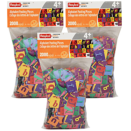 Roylco Alphabet Pasting Pieces, Multicolor, 2,000 Pieces Per Pack, Set Of 3 Packs