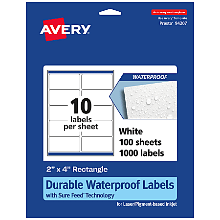 Avery® Waterproof Permanent Labels With Sure Feed®, 94207-WMF100, Rectangle, 2" x 4", White, Pack Of 1,000