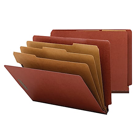 Smead® Full End-Tab Classification Folder With SafeSHIELD Fastener, 2" Expansion, 3 Dividers, 8 1/2" x 11", Letter, 60% Recycled, Red, Box of 10