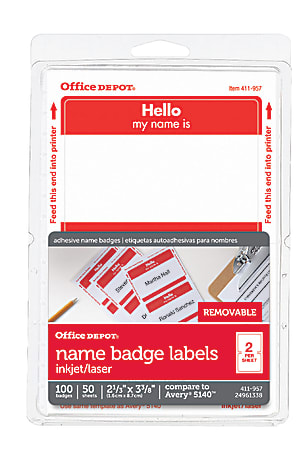 Office Depot® Brand Hello Name Badge Labels, 2 11/32" x 3 3/8", Red Border, Pack Of 100