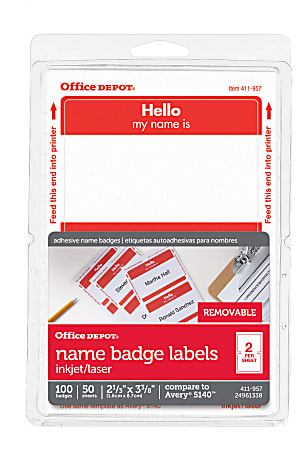 Office Depot® Brand Hello Name Badge Labels, 2 11/32" x 3 3/8", Red Border, Pack Of 100