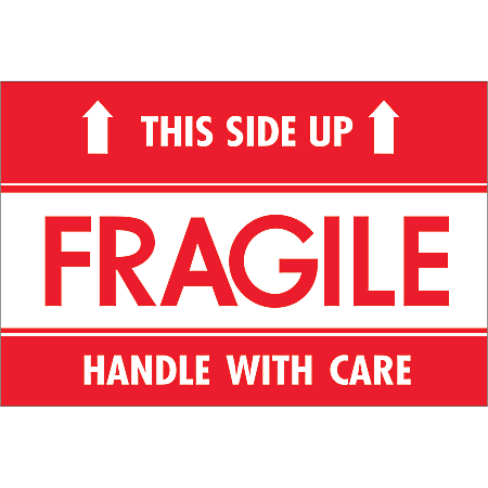 Tape Logic® Preprinted Shipping Labels, DL2156, Fragile — This Side Up — HWC, Rectangle, 2" x 3", Red/White, Roll Of 500
