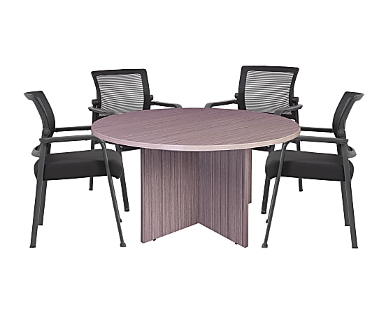 Boss Office Products 47" Round Table And Mesh Guest Chairs Set, Driftwood/Black