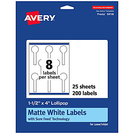 Avery® Permanent Labels With Sure Feed®, 94116-WMP25, Lollipop, 1-1/2" x 4", White, Pack Of 200