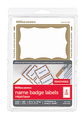 Office Depot® Brand Name Badge Labels, 2 11/32" x 3 3/8", Gold Border, Pack Of 100