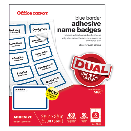 Office Depot® Brand Name Badge Labels, 2 1/3" x 3 3/8", Blue Border, Pack Of 400