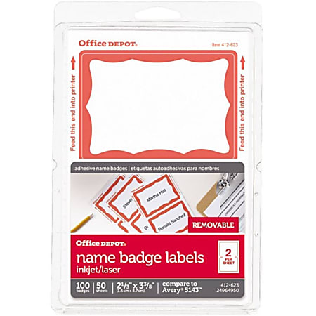 Office Depot® Brand Name Badge Labels, 2 11/32" x 3 3/8", Red Border, Pack Of 100