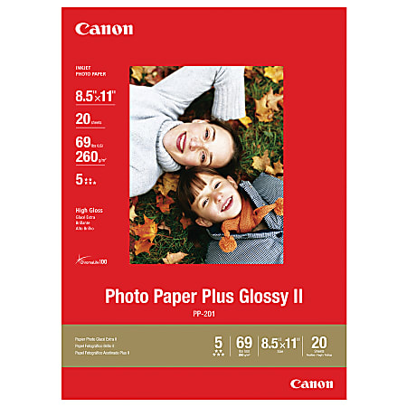 Canon® PP201 Glossy Photo Paper Plus, Letter Size (8 1/2" x 11"), 69 Lb, Pack Of 20 Sheets