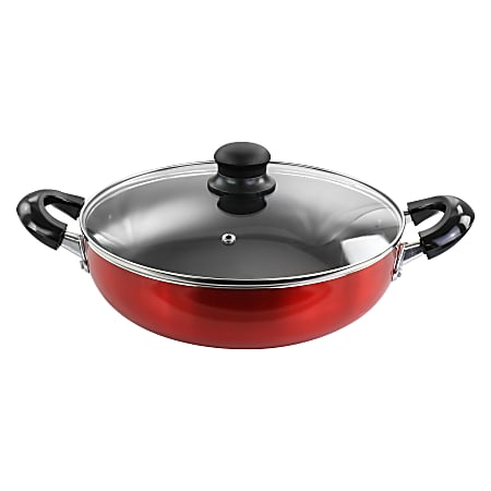 Better Chef Aluminum Nonstick Deep Frying Pan With Glass Lid, 10”, Red