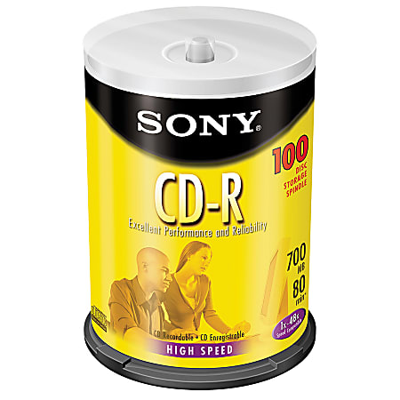 Sony® CD-R Media Spindle, 700MB/80 Minutes, Gold, Pack Of 100